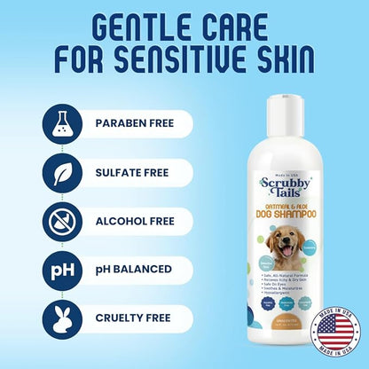 Scrubby Tails Organic Dog Shampoo - Puppy Oatmeal Shampoo for Itchy Skin Relief - Hypoallergenic for Sensitive Skin, for Dogs of All Ages, Deodorizes, Tearless, Made in USA, 16oz (Lavender)