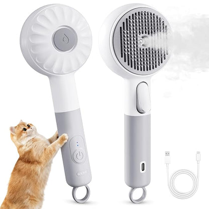 Steam-Like Spray Cat Brush - 3-in-1 USB Rechargeable Deshedding & Self-Cleaning Brush with Water Mist for Long & Short Hair Cats Dogs, Waterproof, 2 Speed Settings