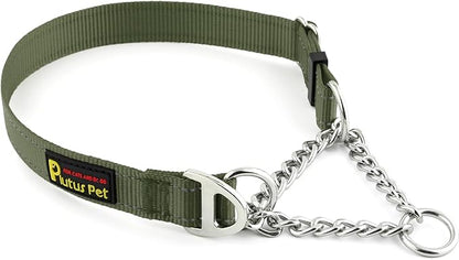 Plutus Pet Martingale Dog Collar with Stainless Steel Chain and Reflective Nylon, Adjustable No Pull Training Collar, for Small Medium, and Large Dogs, Ranger Green, S