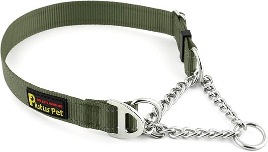 Plutus Pet Martingale Dog Collar with Stainless Steel Chain and Reflective Nylon, Adjustable No Pull Training Collar, for Small Medium, and Large Dogs, Ranger Green, S