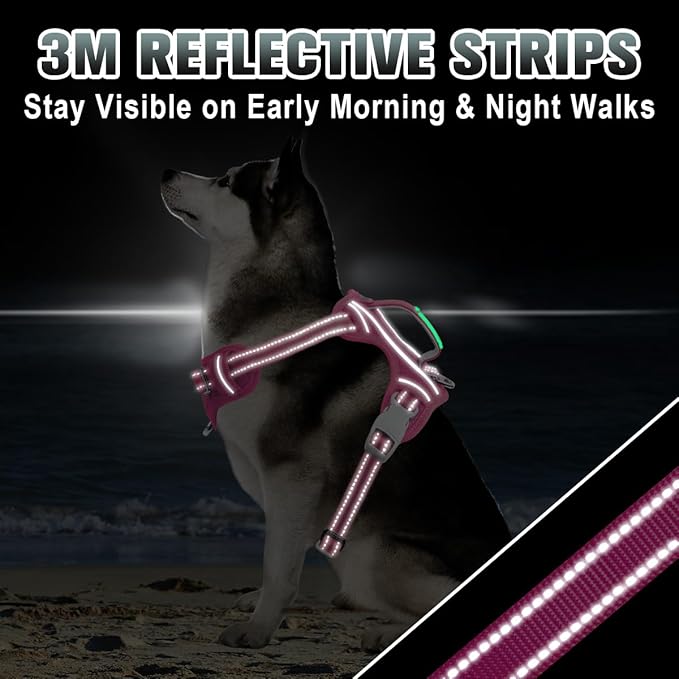 BARKBAY No Pull Dog Harness Large Reflective Dog Harness with Front Clip and Easy Control Handle for Walking Training Running with ID tag Pocket(Pink,XL)
