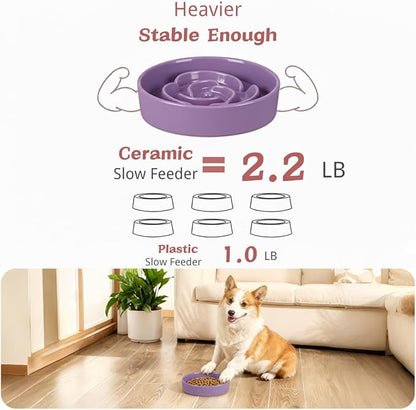 TRUVIC Ceramic Slow Feeder Dog Bowls, 1.5 Cup Puzzle Slow Feeder Bowls for Fast Eaters, Ceramic Dog Food Dish no Black Chin, Puzzle Bowl for Medium Dogs, Purple
