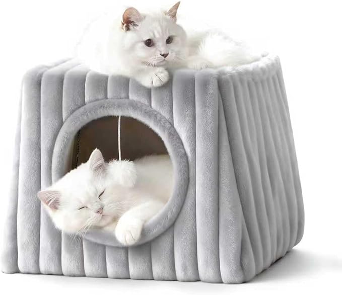 Indoor Cat House - Large Cat Bed Cave with Fluffy Balls and Scratch Pads, Foldable House and Apartment with Pads, Suitable for Multiple Cats (Grey, Large)