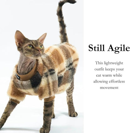 Cat Double-Sided Fleece Clothes, Soft Warm Winter Jumpsuit Sweater Shirt Clothing for Hairless Sphynx, Devon & All Indoor Kittens (Green,L)