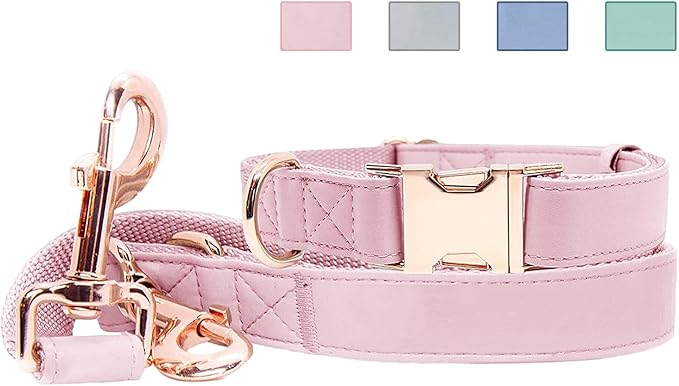 Soft Leather Dog Collar and Leash (6.6') Set - Stylish Rose Gold Heavy Duty Metal Buckle, 4 Adjustable Lengths Leash for Small Medium Large Dogs - Comfortable & Easy to Clean Pink L(15.4"-24.8")