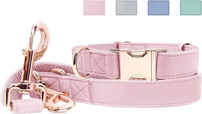 Soft Leather Dog Collar and Leash (6.6') Set - Stylish Rose Gold Heavy Duty Metal Buckle, 4 Adjustable Lengths Leash for Small Medium Large Dogs - Comfortable & Easy to Clean Pink S(12.2"-16.9")
