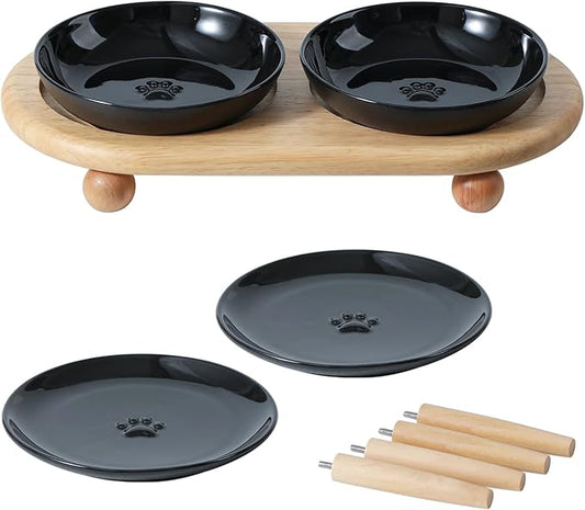 Havniva Raised Ceramic Cat Dishes, Food& Water Bowl with 2 Style Stand Adjustable Raised Pet Bowl Set, Anti Whisker Fatigue(2Dish+2Shallow Dish+Stand, Black