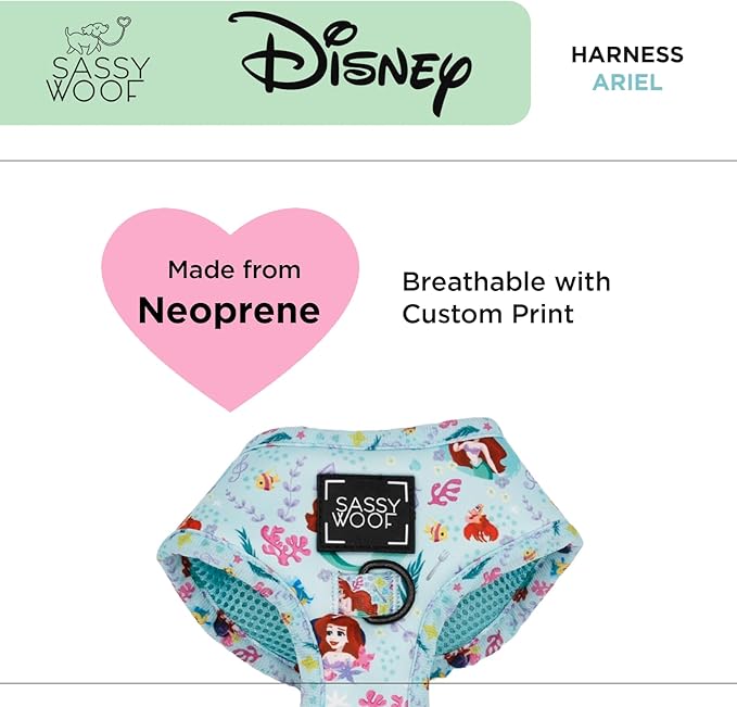 Sassy Woof Dog Adjustable Harness - Disney Princess Little Mermaid Ariel - XL, Breathable Mesh, No Pull Design with Two D-Rings, Perfect for Extra Large Dogs - Officially Licensed