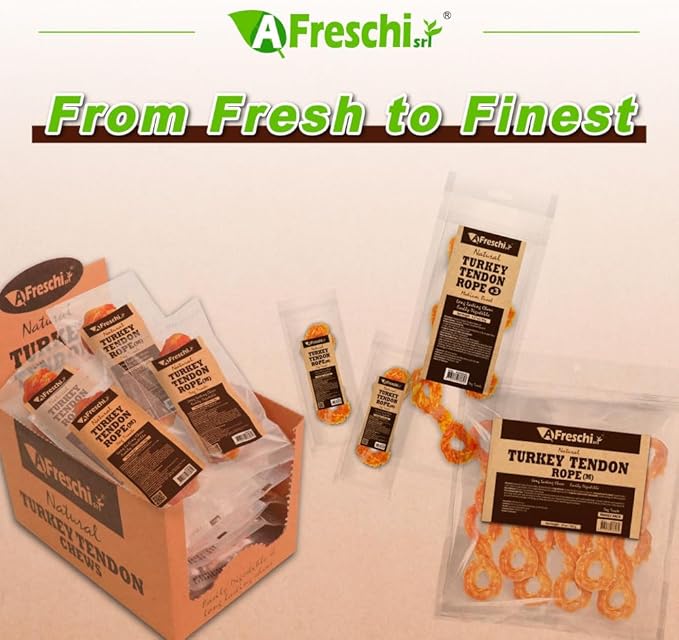 A Freschi srl Turkey Tendons for Dogs, USA-Sourced, Healthy Dog Treats, Rawhide-Free Puppy Chews, Long Lasting, All Natural, Hypoallergenic Dog Treats for Medium Breeds, 20 Count Box Rope (M)