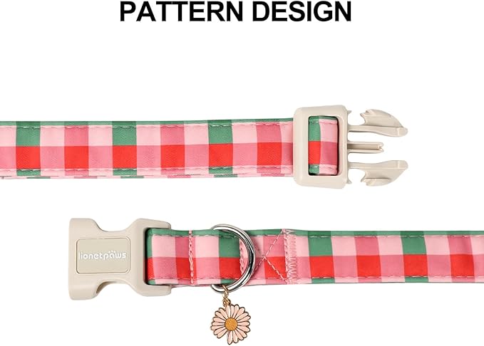 Lionet Paws SpringDog Collar- Red Pink Green Plaid Dog Collars with Plastic Buckle and Daisy Pendant, Light Winter Dogs Collar for Small Medium Dogs