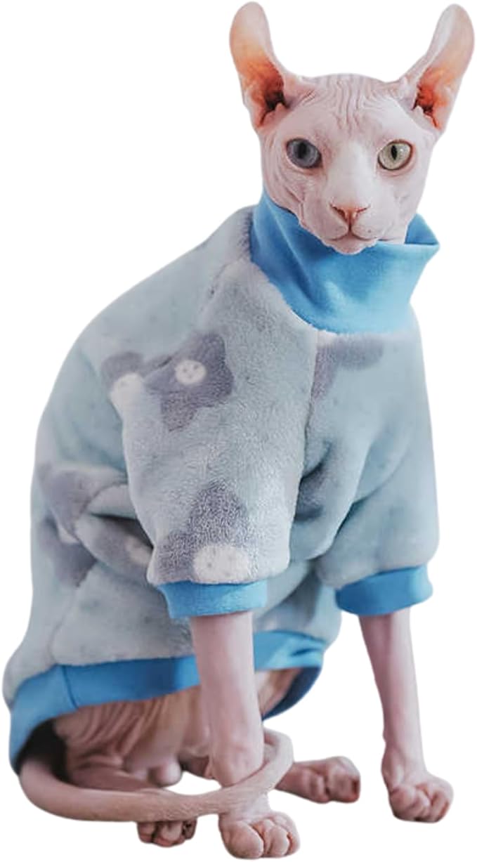 Urnat Cat Flannel Floral Clothes, Warm Soft Winter Jumpsuit Flower Prints Sweater Shirt Clothing for Hairless Sphynx, Devon & Indoor Kittens (Blue, XL)