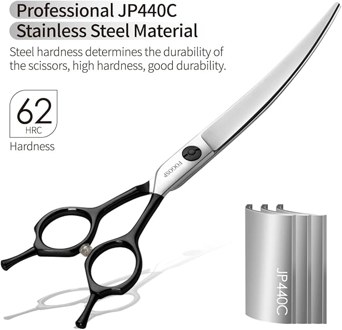 FOGOSP Curved Dog Grooming Scissors Professional 7" Grooming Shears for Dogs Pet Right Handed Groomer Japan 440C Stainless Steel (7 in Curved, Black)