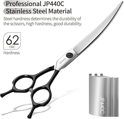 FOGOSP Curved Dog Grooming Scissors Professional 7" Grooming Shears for Dogs Pet Right Handed Groomer Japan 440C Stainless Steel (7 in Curved, Black)