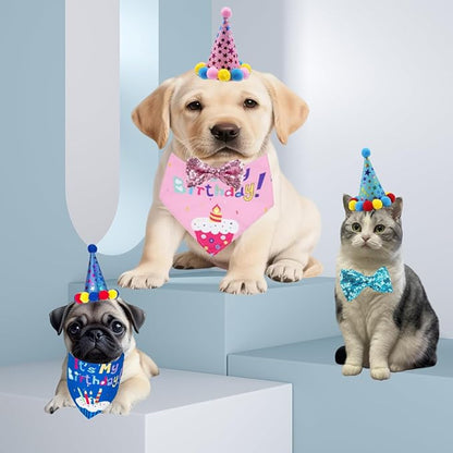 Pet Birthday Party Set with Hat and Bandana for Dogs and Cats with Star Pattern Design, Adjustable Sequin Bow tie Accessories, Pink Birthday Girl Scarf (Pink)