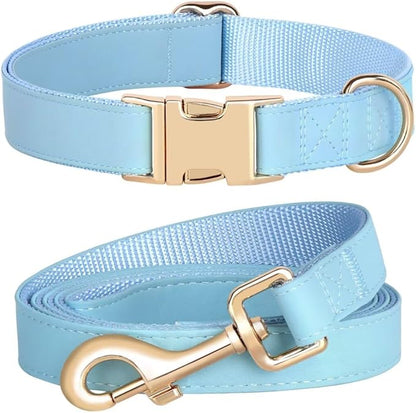 PET ARTIST Soft PU Leather Dog Collar and Leash Set, Bright & Stylish 5FT PU Leather Leash and Collar Set, Durable Pet Collars with Quick Release Metal Buckle for Large Dogs,Blue,L(16-27")