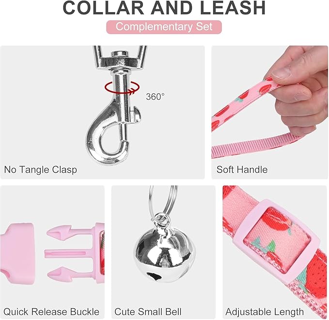 EXPAWLORER Small Dog Harness and Leash Set - Cute Puppy Harness Leash Dog Collar with AirTag Holder Silicone Case, Soft Padded Step in Pet Vest Reflective for Outdoor Walking, Strawberry XS
