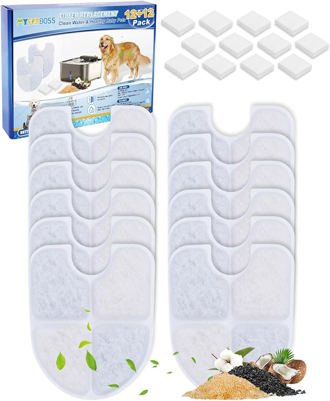 MyfatBOSS 12+12 Pack Cat Water Fountain Filters Compatible with FEELNEEDY Dog Water Bowl Dispenser 3 Gal/12L, Pet Filter Replacement & Pump Filters Sponges for Large Dog Dispenser