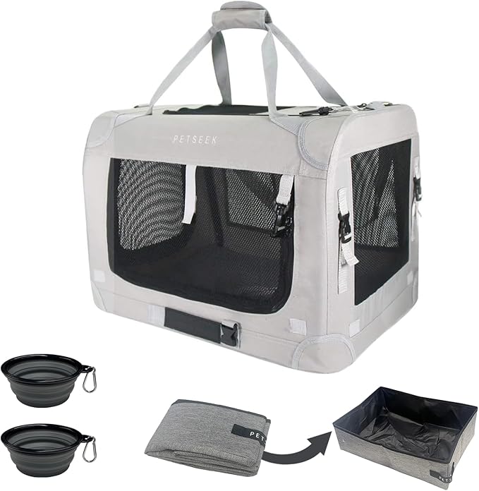Petseek Extra Extra Large Cat Carrier Soft Sided, Portable Small Dog Carrier for 2 Cats, 24"x16.5"x16" Car Travel Folding Comfortable Design with Litter Box and Bowls, Grey+ Litter Box+ Bowl*2