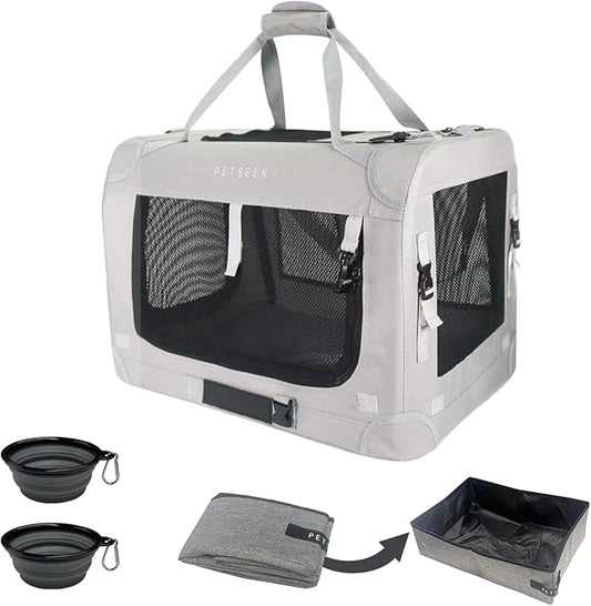 Petseek Extra Extra Large Cat Carrier Soft Sided, Portable Small Dog Carrier for 2 Cats, 24"x16.5"x16" Car Travel Folding Comfortable Design with Litter Box and Bowls, Grey+ Litter Box+ Bowl*2