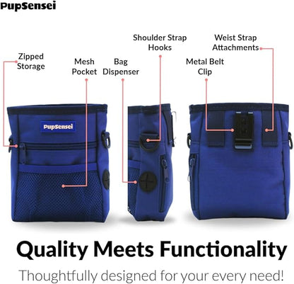 PupSensei Dog Treat Pouch for Training – Magnetic Dog Treat Bag with Belt Clip & Poop Bag Dispenser – Hands Free Carry Pouch with Auto-Close Access & Shoulder Strap – Durable Pet Gear – Navy Blue