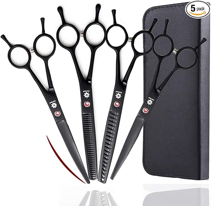Dream Reach 7.0 Inches Professional Pet Cat Dog Grooming Shears Scissors, Straight, Curved, Thinning/Blending/Chunking Scissors Kit (4-Set)