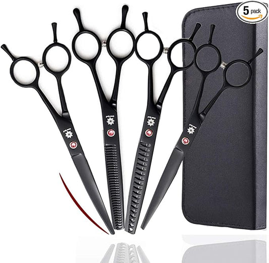 Dream Reach 7.0 Inches Professional Pet Cat Dog Grooming Shears Scissors, Straight, Curved, Thinning/Blending/Chunking Scissors Kit (4-Set)