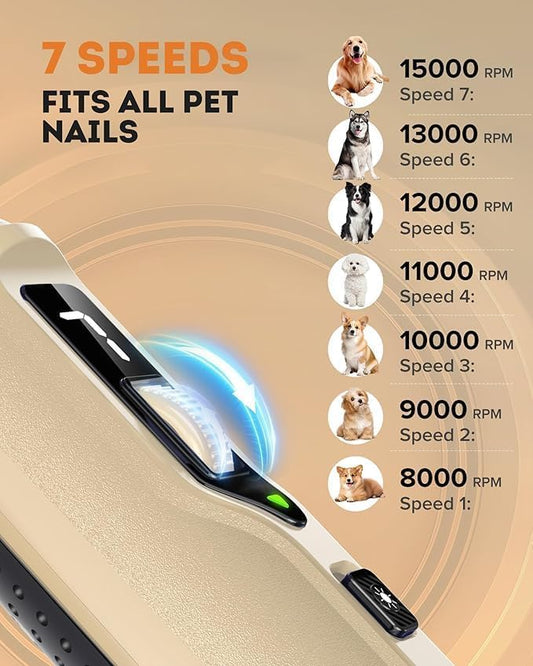 7-Speed Dog Nail Grinder with LED Light – Ultra Quiet Electric Pet Nail Trimmer for Large Dogs & Cats – Professional Grooming Tool with Dust Collector, One-Hand Speed Control & Instant Stop Safety