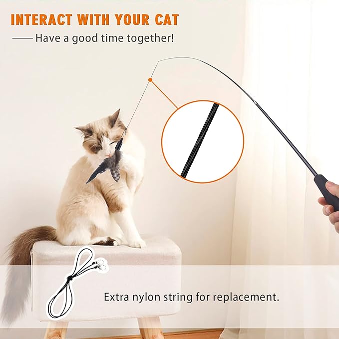 APSUAE Retractable Cat Wand Toys - Interactive Feather Wand with Bell for Indoor/Outdoor Cats, 8 Pack