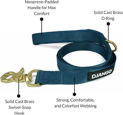 DJANGO Adventure Dog Leash – Strong, Comfortable, and Stylish Dog Leash with Solid Brass Hardware and Padded Handle - Designed for Outdoor Adventures and Everyday Use (Indigo Blue)