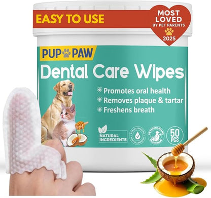 PUP PAW Vet Recommended Dog & Cat Dental Wipes - Freshens Breath - Easy Daily Oral Care - Dog Tooth Brushing Kit - Dental Finger Wipes for Pets - 50 Count