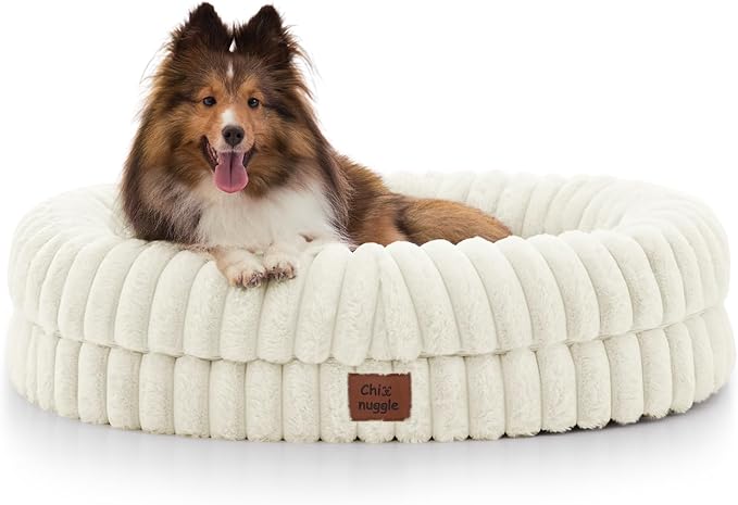 Dog Bed Medium Sized Dog - Luxury Striped Faux Fur Waterproof Pet Couch with Removable Washable Cover, Orthopedic Pet Bed with Bolster Sides for Sleeping, Cream