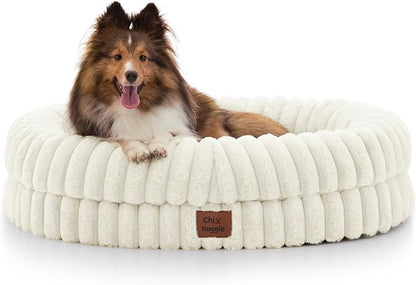 Dog Bed Medium Sized Dog - Luxury Striped Faux Fur Waterproof Pet Couch with Removable Washable Cover, Orthopedic Pet Bed with Bolster Sides for Sleeping, Cream