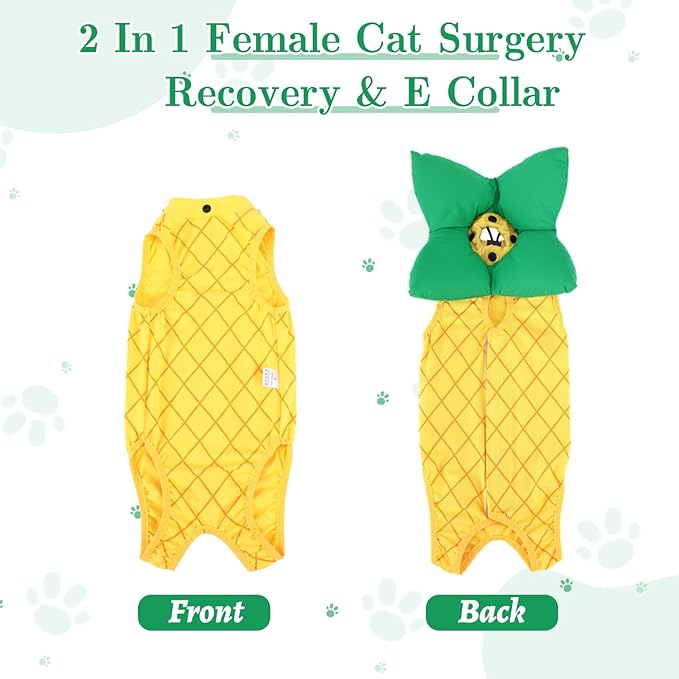 EMUST 2PCS Cat Recovery Suit & Cat Surgery Suit, Soft & Adjustable Dog Surgery Suit Female Spay for Abdominal Wounds, Cotton Cone for Cats to Stop Licking for Small Female Pets 8-16lb, Yellow, L