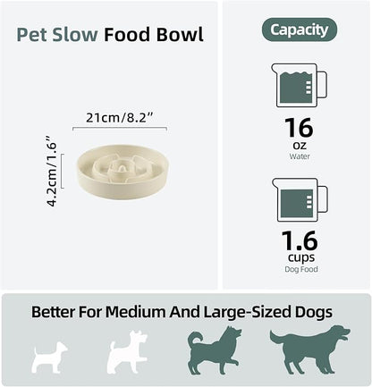 Ceramic 1.6 Cup Slow Feeder Dog Bowl for Medium and Large Breed, 8.2inch Puzzle Dog Food Dish, Anti-Gulping, Stop Bloat, Preventing Choking (Single Bowl-Beige)