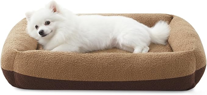 FURTIME Washable Small Dog Bed, Rectangle Comfy Fluffy Kitten Puppy Bed, Removable Zipper Cover Machine Wash, Soft Breathable Orthopedic Bed Durable Pet Cuddler with Anti-Slip Bottom, 20"x19"x6",Brown