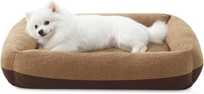 FURTIME Washable Small Dog Bed, Rectangle Comfy Fluffy Kitten Puppy Bed, Removable Zipper Cover Machine Wash, Soft Breathable Orthopedic Bed Durable Pet Cuddler with Anti-Slip Bottom, 20"x19"x6",Brown