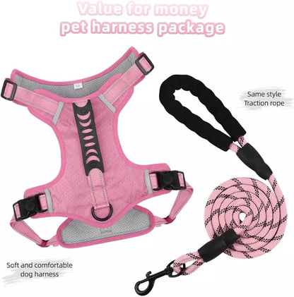 Dog Harness No Pull Adjustable Reflective,for Medium and Large Small Dog with Leash 59.06in (Pink, XL)