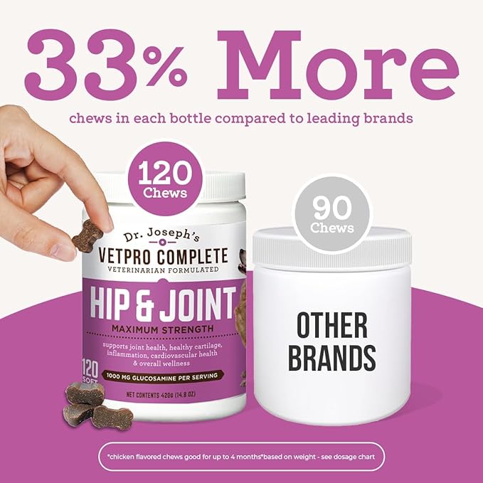 Dr. Joseph's VetPro Complete Dog Hip & Joint Supplement for Arthritis Pain Relief – High-Strength Glucosamine & Chondroitin Chews for Senior Dogs – Vet Formulated Daily Treats, Chicken Flavor, 120 Ct