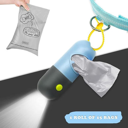 Dog Poop Bag Holder Dispenser with LED Flashlight - Night Visibility for Safe Evening Walks | Upgraded Hands-Free Leash Clip | Includes 15 Dog Waste Bags(Blue)
