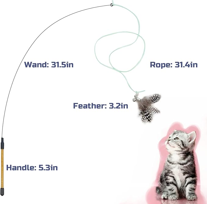 FUPUSUN Cat Feather Toys, Interactive Cat Toys Kitten Toys, 2PCS Elasticity Cat Wand Toy and 7PCS Feathers Refills, Cat Toys for Indoor Cats Kitten Play Chase