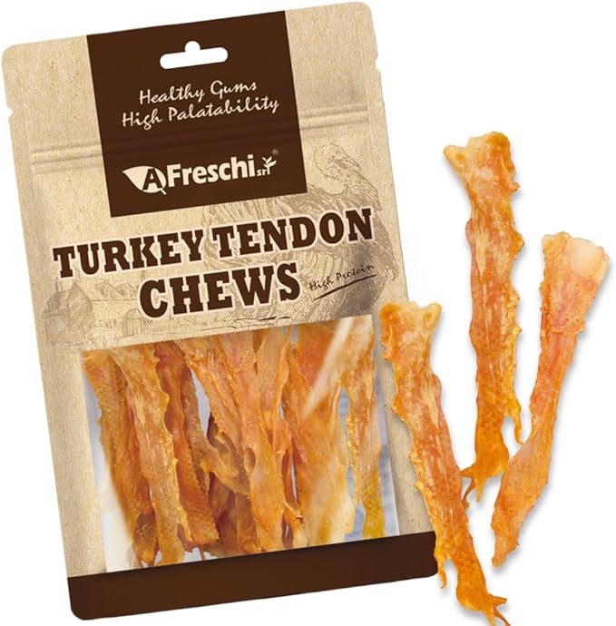 A Freschi srl Turkey Tendons for Dogs, USA-Sourced, Healthy Dog Treats, Rawhide-Free Puppy Chews, Long Lasting, All Natural, Hypoallergenic Dog Treats, Flaked, 3.5 oz Pack