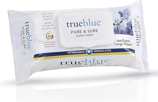 TrueBlue Chamomile & Honeysuckle Pure & Sure Puppy Wipes – Pre-Moistened Puppy Pads for Cleaning Dirty Paws, Coats, Dog Hair – Extra Large – 8”x7” – 100 Count