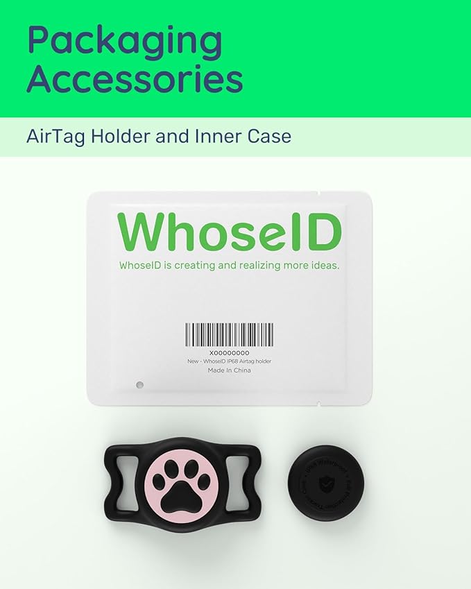 WhoseID IP68 Waterpoof Dog Air tag Holder, Stretchy Silicone Full Body Covered Apple Air Tag Holder for Dog Cat Collar Fit All Width Collar (Black & Pink, 1 Pack)