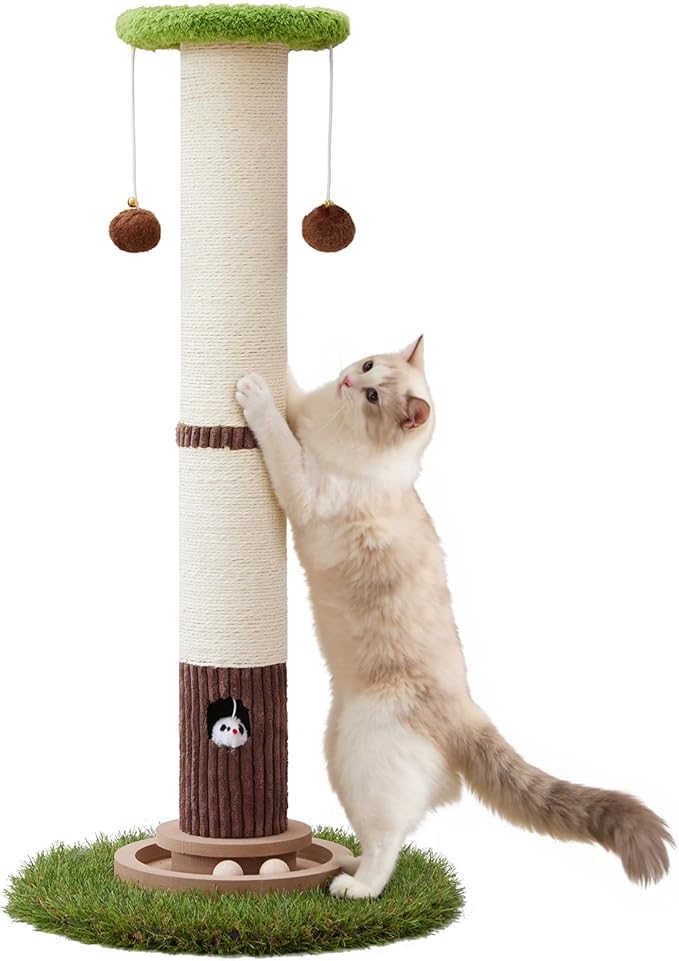 Woochpet 34inches Tall Cat Scratching Post with Cat Ball Track Toy Heavy Duty and Thicker Large Diameter Natural Sisal Cat Scratcher Post for Indoor Cats Protect Your Furniture