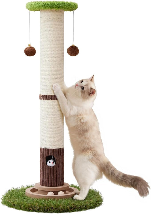 Woochpet 34inches Tall Cat Scratching Post with Cat Ball Track Toy Heavy Duty and Thicker Large Diameter Natural Sisal Cat Scratcher Post for Indoor Cats Protect Your Furniture