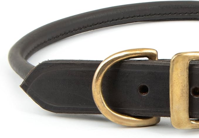 Jeffers Rolled Leather Dog Collar with Brass Hardware, Chestnut Brown - Safe Leather Design, Durable Brass Hardware, Adjustable Round Collar for Long Fur Dogs, Pairs with Leash, 3/4" W x 17" L