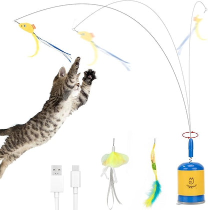Migipaws Interactive Automatic Cat Teaser Wand Toy with Strong Suction Cup, 70cm Flexible Wire & DIY Bending Design, Rechargeable Cat Exercise Toy with Auto Timer for Indoor Cats(Blue)