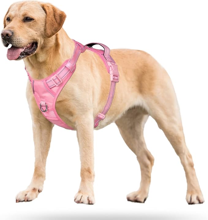 PoyPet No Pull Dog Harness, No Choke Reflective Dog Vest, Adjustable Pet Harnesses with Easy Control Padded Handle for Small Medium Large Dogs(Light Pink Matching Trim,S)