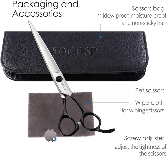 FOGOSP Professional Dog Grooming Scissors Straight 7.5" Pet Grooming Shears for Cutting Small Dogs Cat Thick Hair Japan 440C Stainless Steel Right Handed(7.5in Straight,Black)
