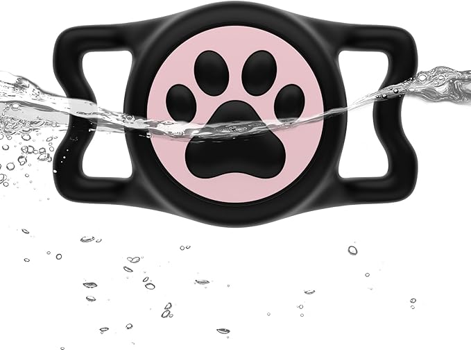 WhoseID IP68 Waterpoof Dog Air tag Holder, Stretchy Silicone Full Body Covered Apple Air Tag Holder for Dog Cat Collar Fit All Width Collar (Black & Pink, 1 Pack)